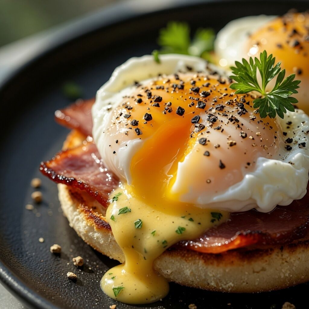 A breakfast dish with poached eggs, bacon, and hollandaise sauce on toast.