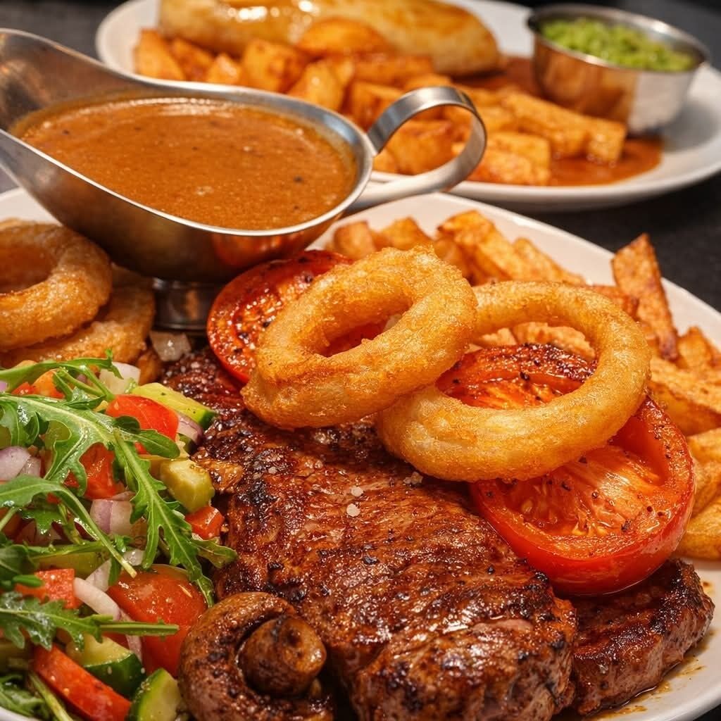 A plate of grilled steak with onion rings, a side salad, and a bowl of sauce.