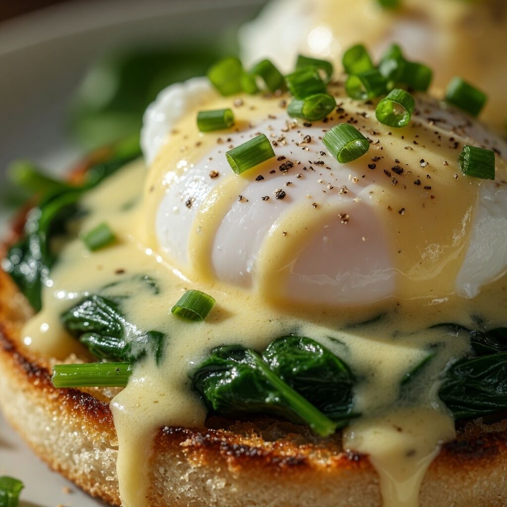 Eine Nahaufnahme eines Gerichts mit pochierten Eiern, Spinat und einer cremigen Soße, vermutlich ein Frühstück.