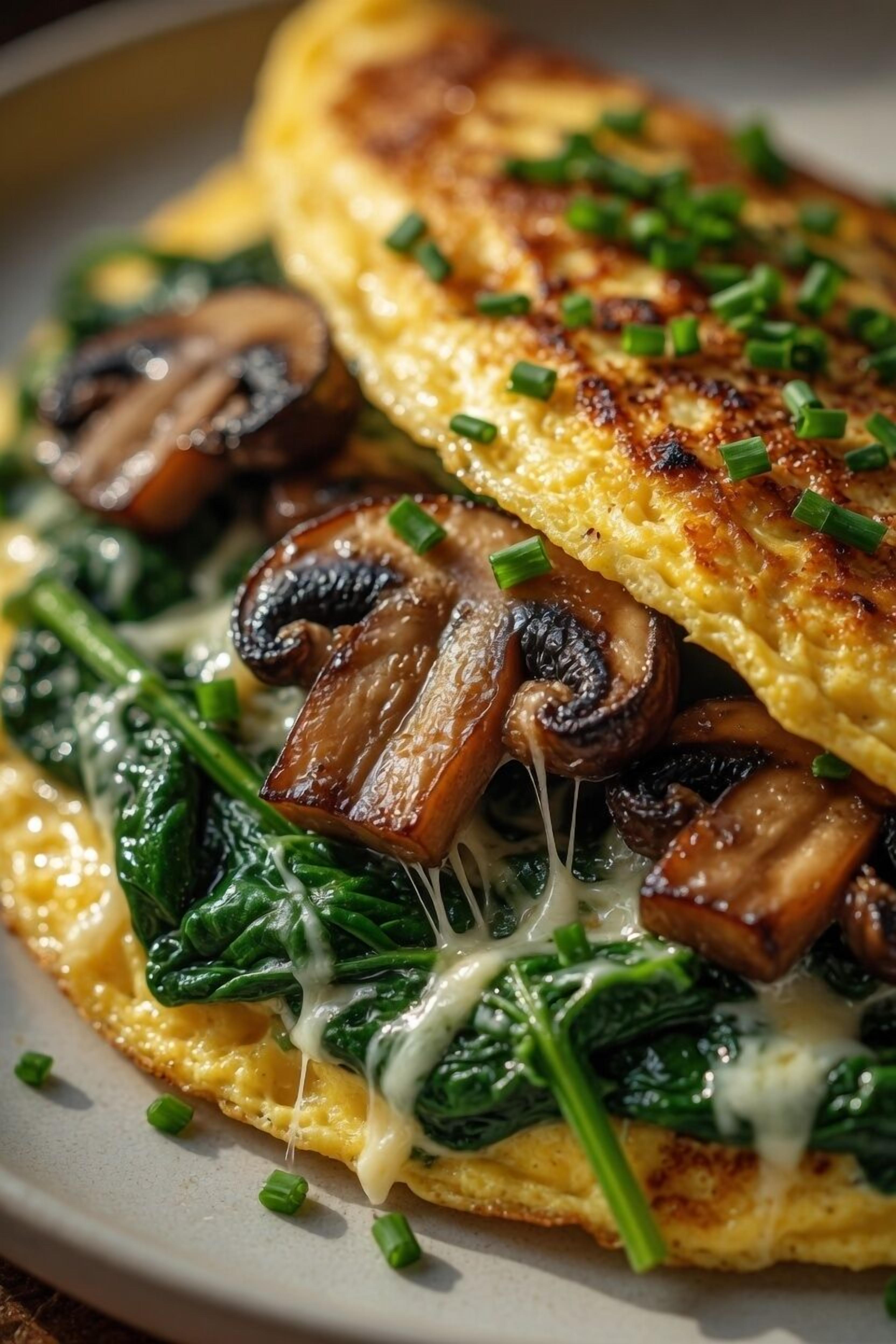 A plate with a grilled egg, mushrooms, and spinach.