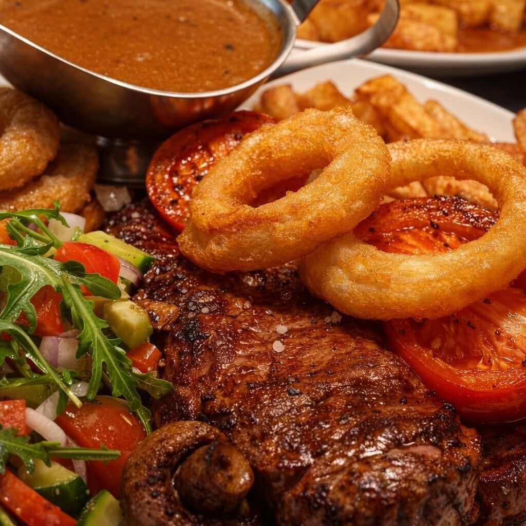 Un plato de bistecca a la parrilla con aros de cebolla y una ensalada.