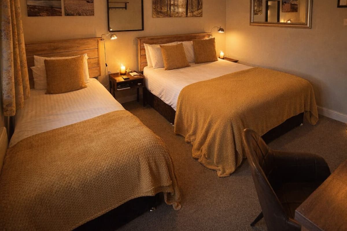 Habitación de hotel con dos camas, cabecero de madera, lámparas de noche, una silla y obras de arte en las paredes.