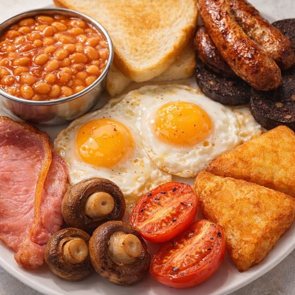 A plate of breakfast food including eggs, sausages, beans, toast, ham, mushrooms, and tomatoes.