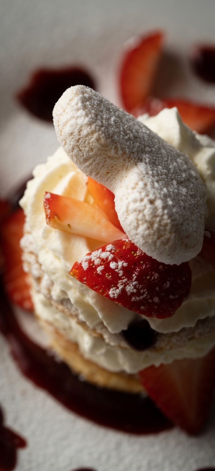 A dessert with whipped cream, strawberries, and a powdered sugar topping.