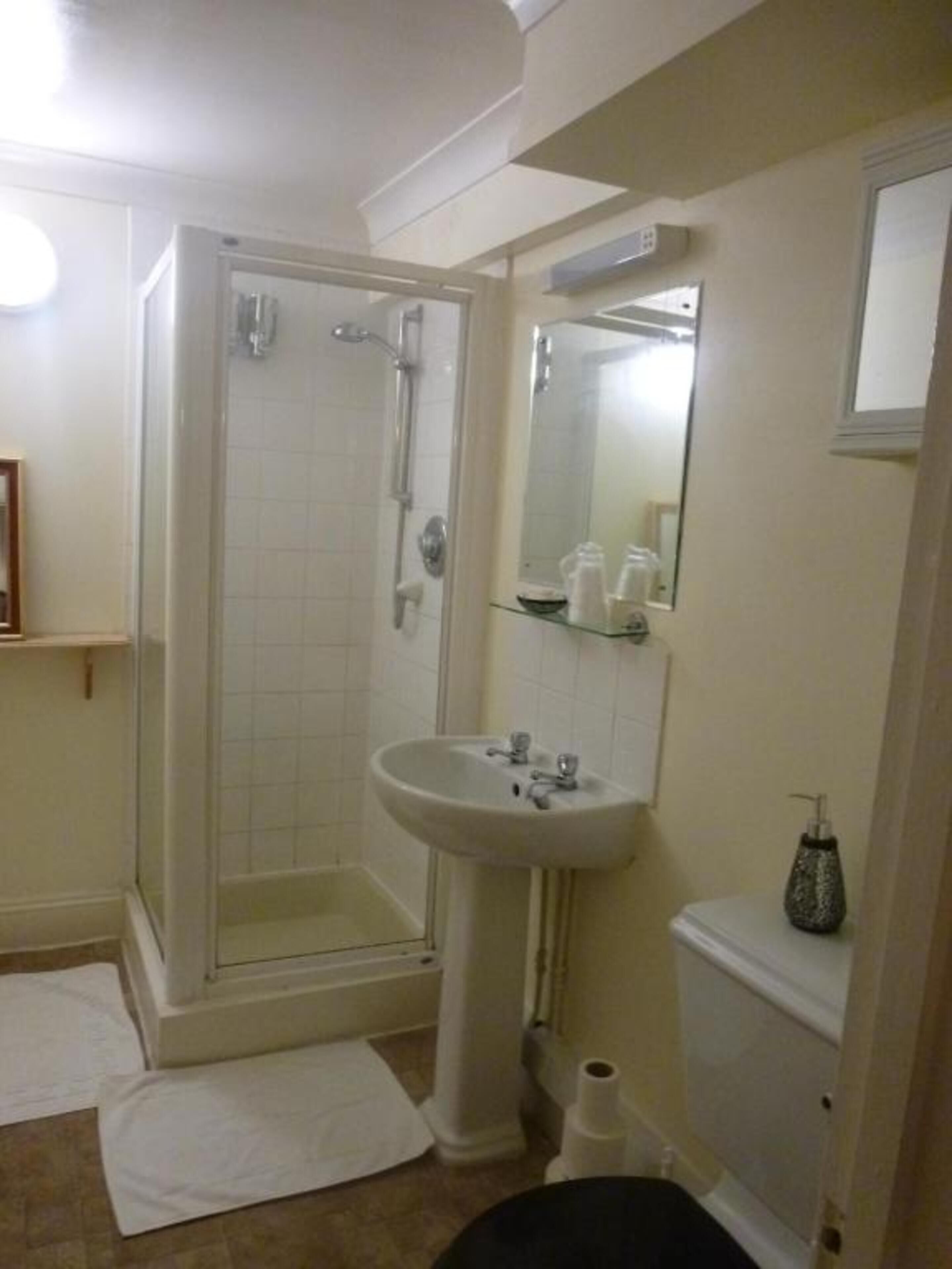 A bathroom with a shower, sink, toilet, and a mirror.