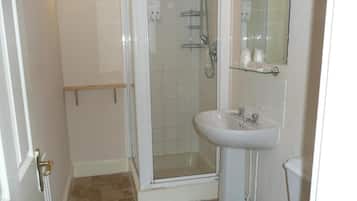 A bathroom with a glass shower enclosure, a white sink, and a mirror.