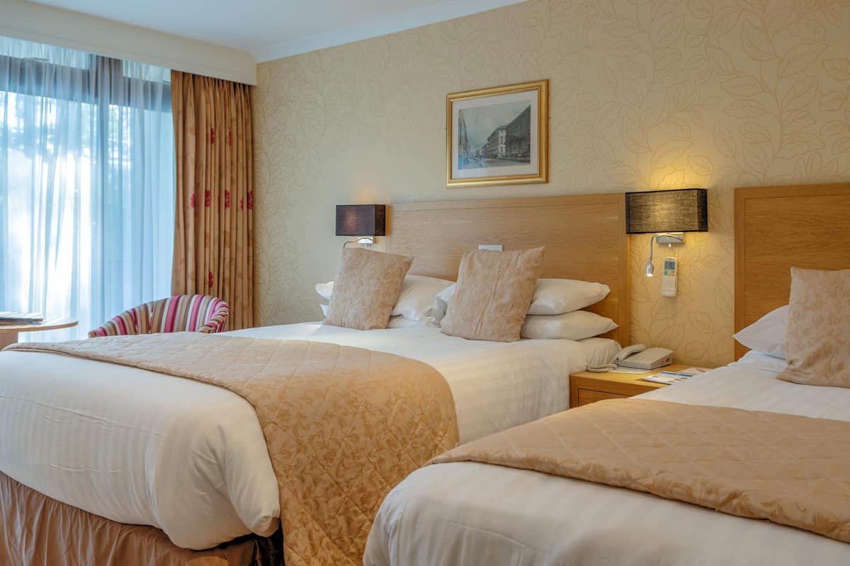Une chambre d’hôtel avec deux lits, une grande fenêtre avec des rideaux légers et un tableau encadré au mur.