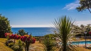 Zona de piscina con vistas al mar, rodeada de plantas tropicales y un cielo despejado.