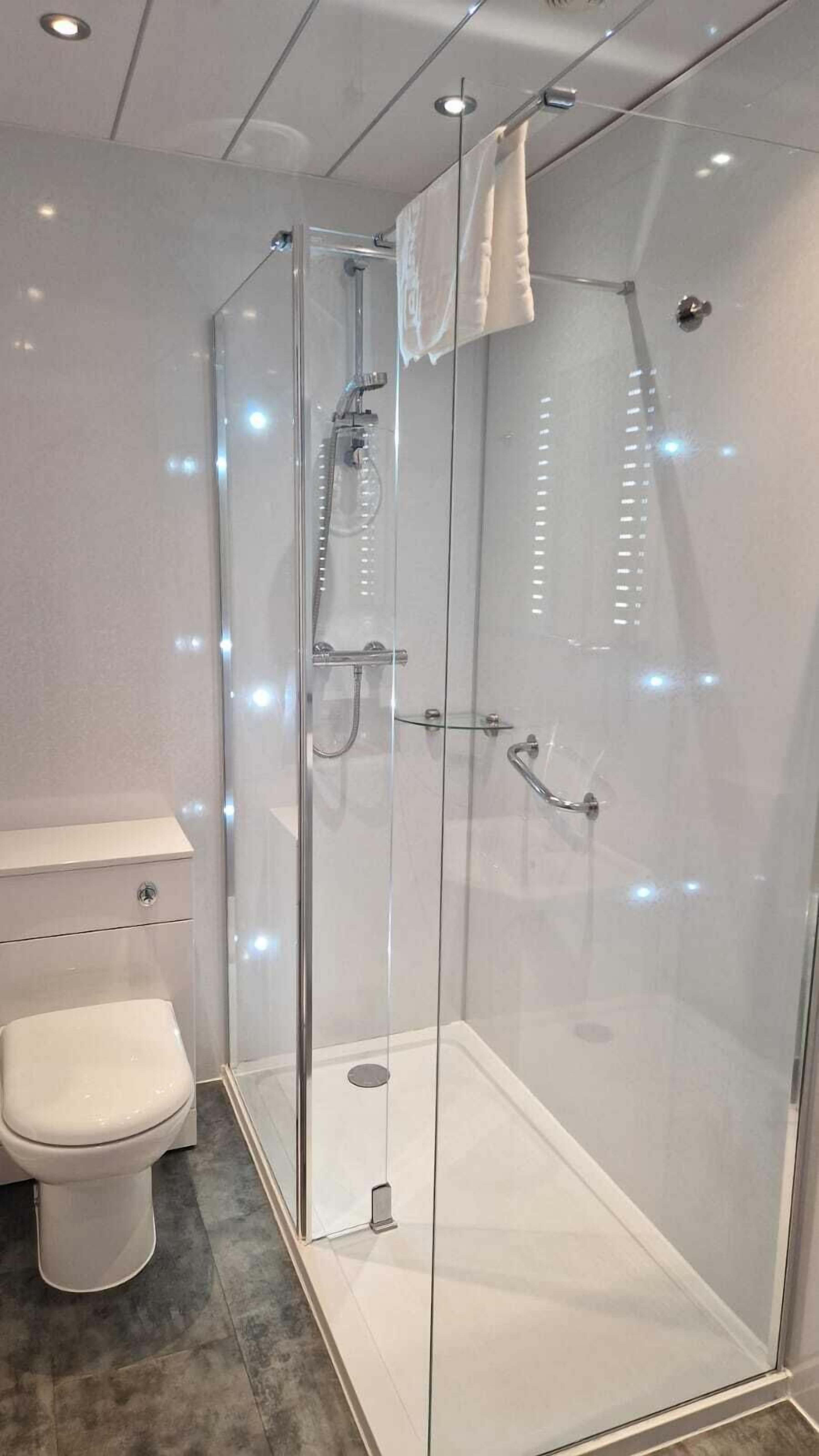 Un baño moderno con ducha de vidrio, inodoro blanco y puerta de vidrio para la ducha.