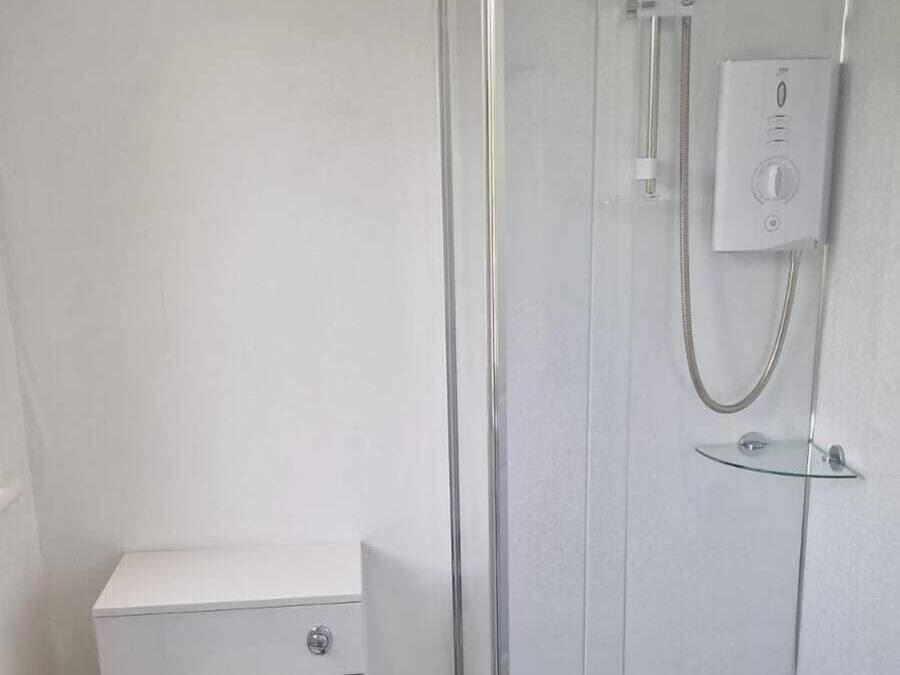 A bathroom with a toilet, a glass-enclosed shower, and a white sink.