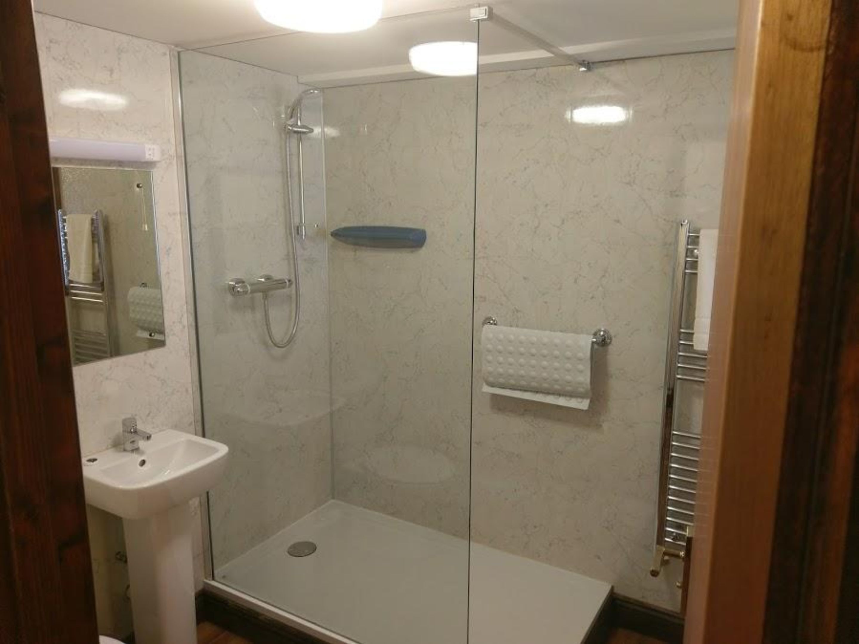 Une douche fermée par des parois en verre, dotée d’un pommeau de douche à main, d’un lavabo blanc et d’un porte-serviettes.