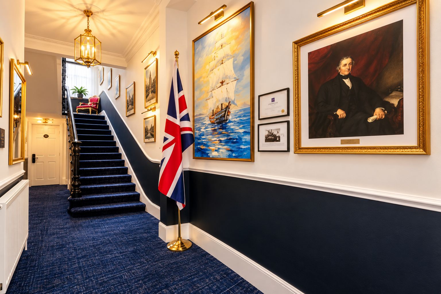 A hallway with a staircase, framed artwork, and flags.
