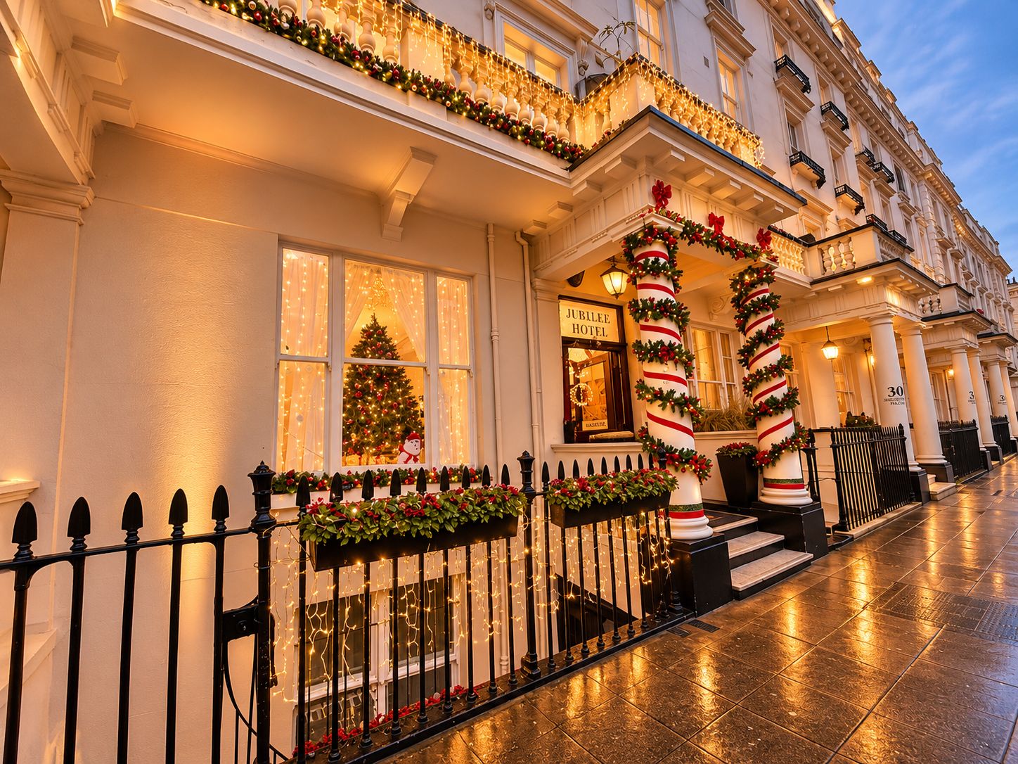 A hotel facade with a Christmas tree, festive decorations, and a sign reading 'Jubilee Hotel'.