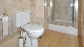 Une salle de bain équipée de toilettes, d’une douche et d’un porte-rouleau de papier toilette.
