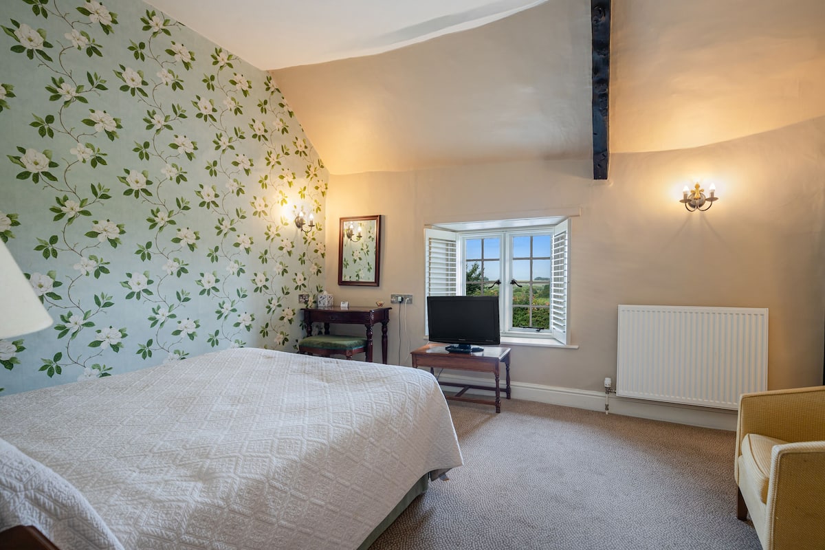 A bedroom with a bed, a television, a window with shutters, and a radiator.