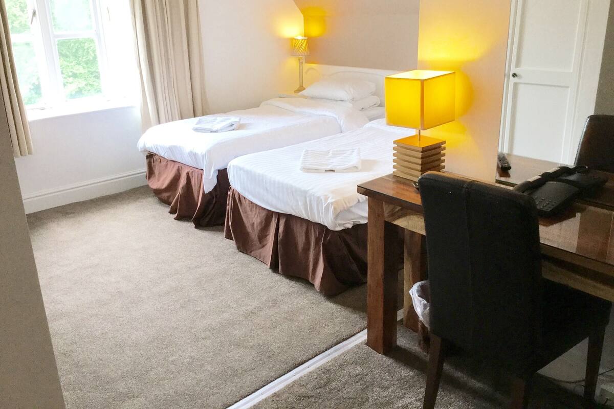 Een hotelkamer met twee bedden, een bureau met een lamp en een stoel.
