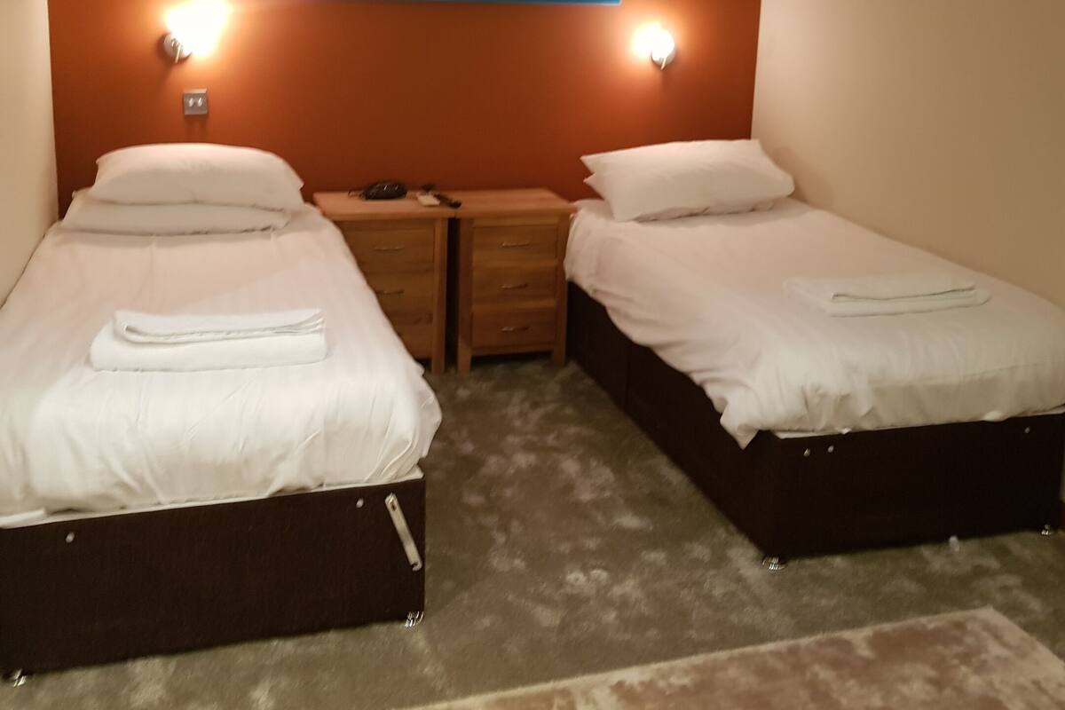 Een kamer met twee bedden, een schilderij aan de muur en een airconditioner.