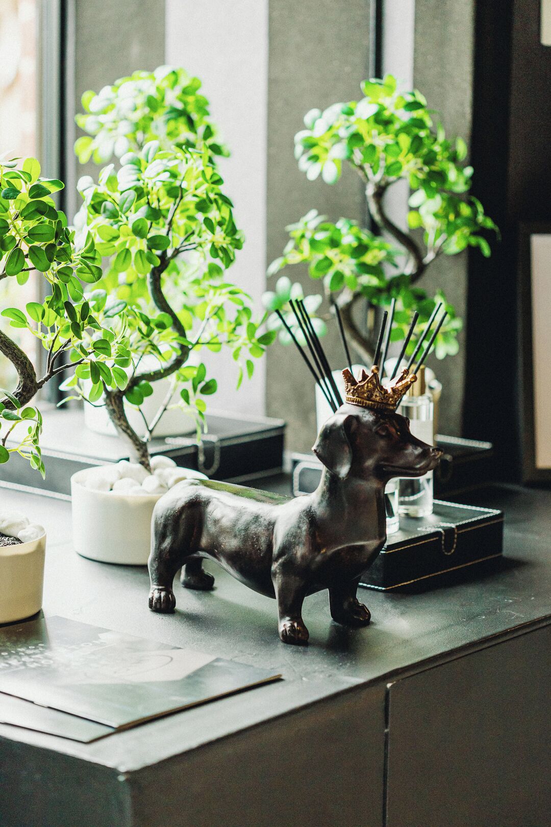 A desk with a bonsai tree, a small statue of a dog with a crown, and a glass of water.