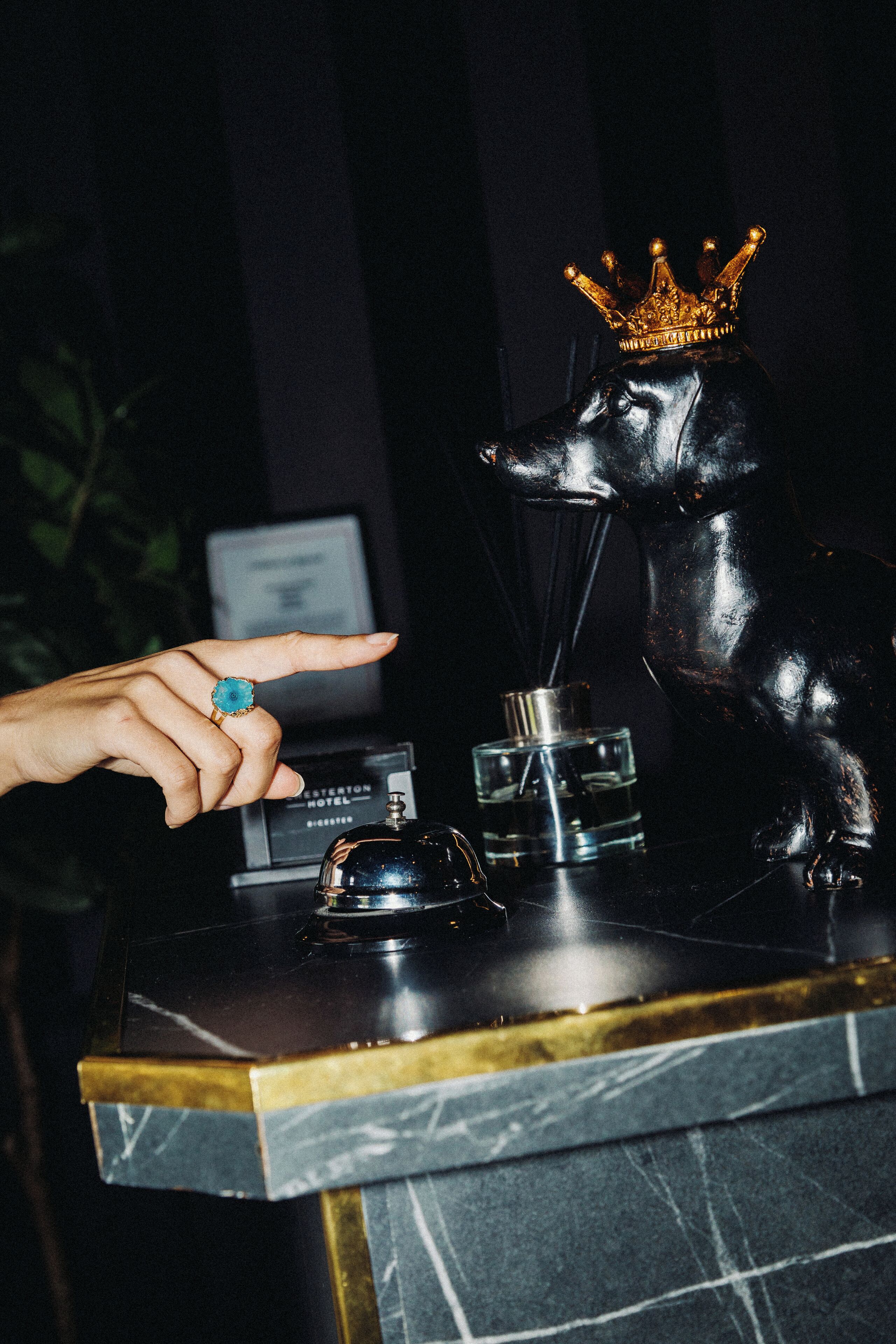 Une main pointant vers une statue de chien portant une couronne, placée sur un comptoir en marbre avec une bouteille et une petite cloche.