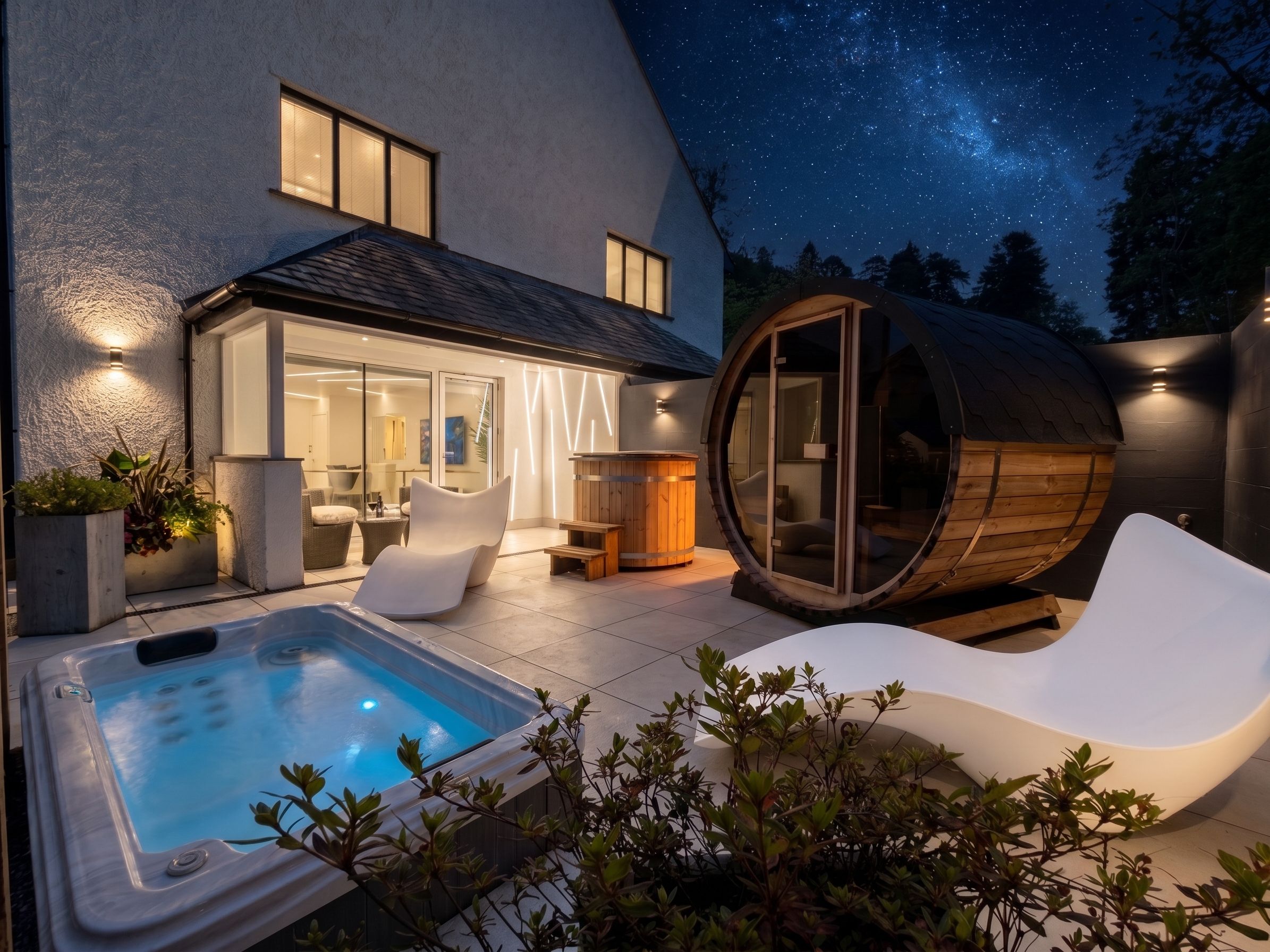 A modern outdoor pool area with a hot tub, lounge chairs, and a wooden barrel structure.