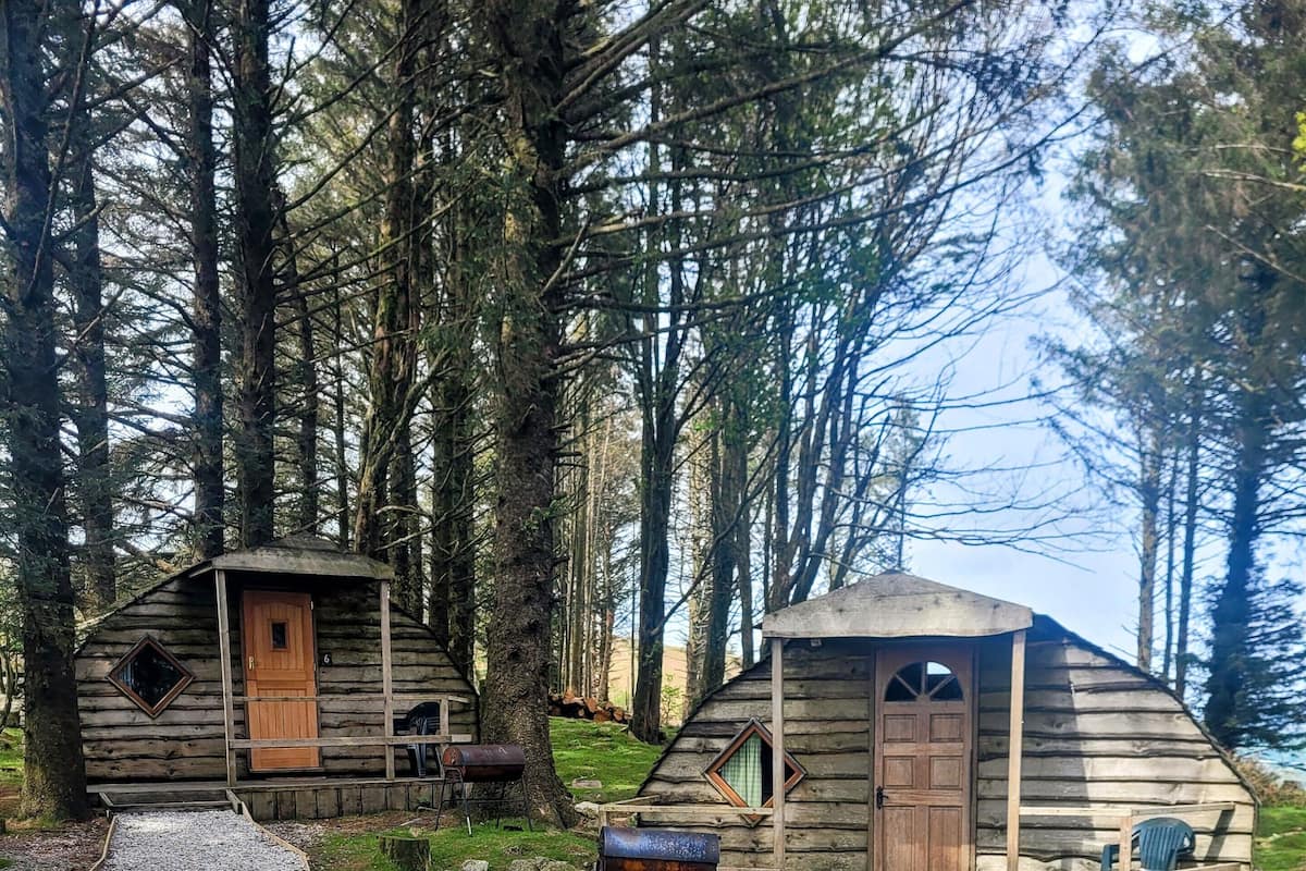 Un rustico chalet con una porta e una finestra in legno, immerso tra gli alberi.