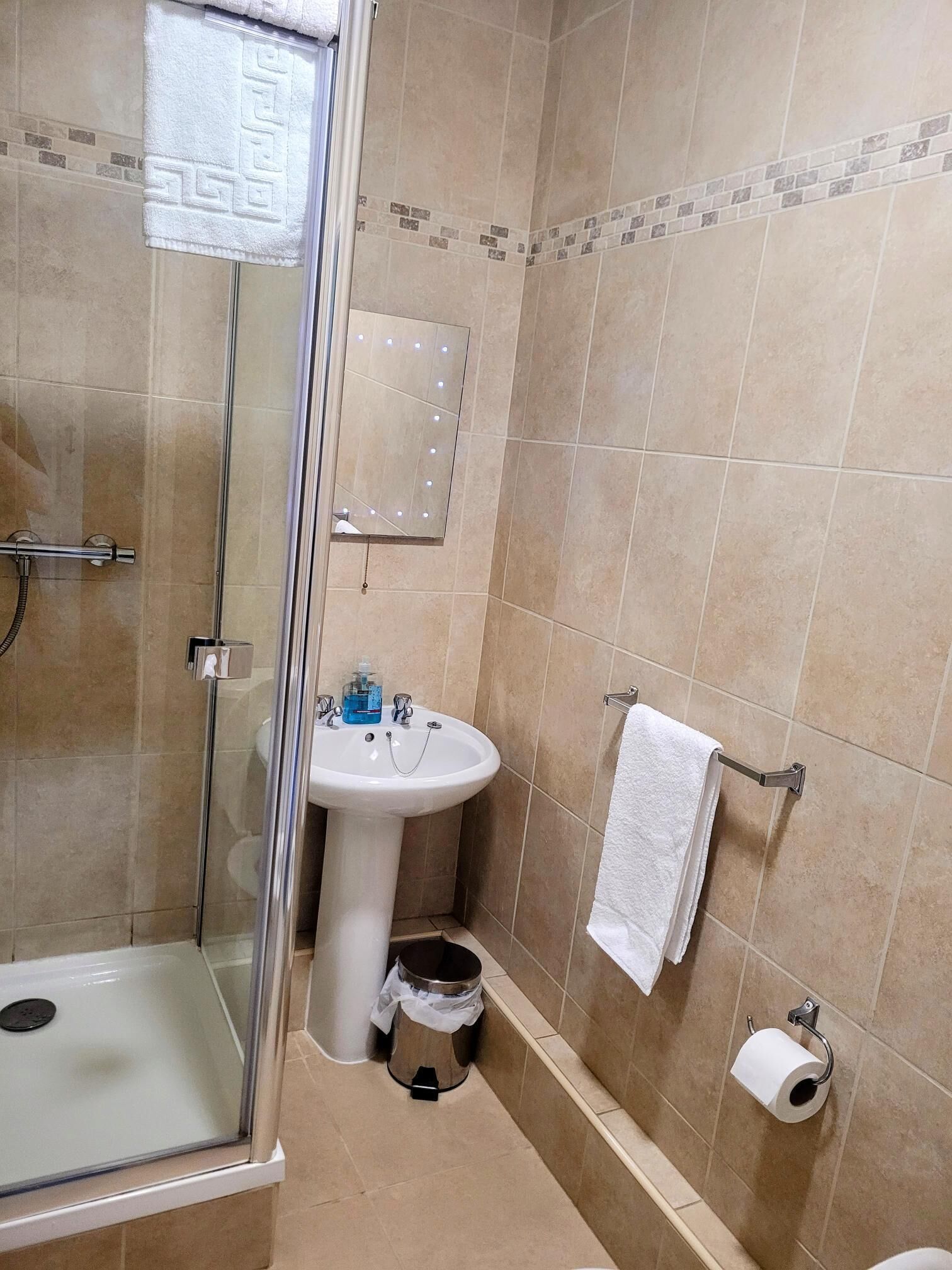 Un baño con cabina de ducha de vidrio, lavamanos pedestal, dispensador de papel higiénico y perchero para toallas.