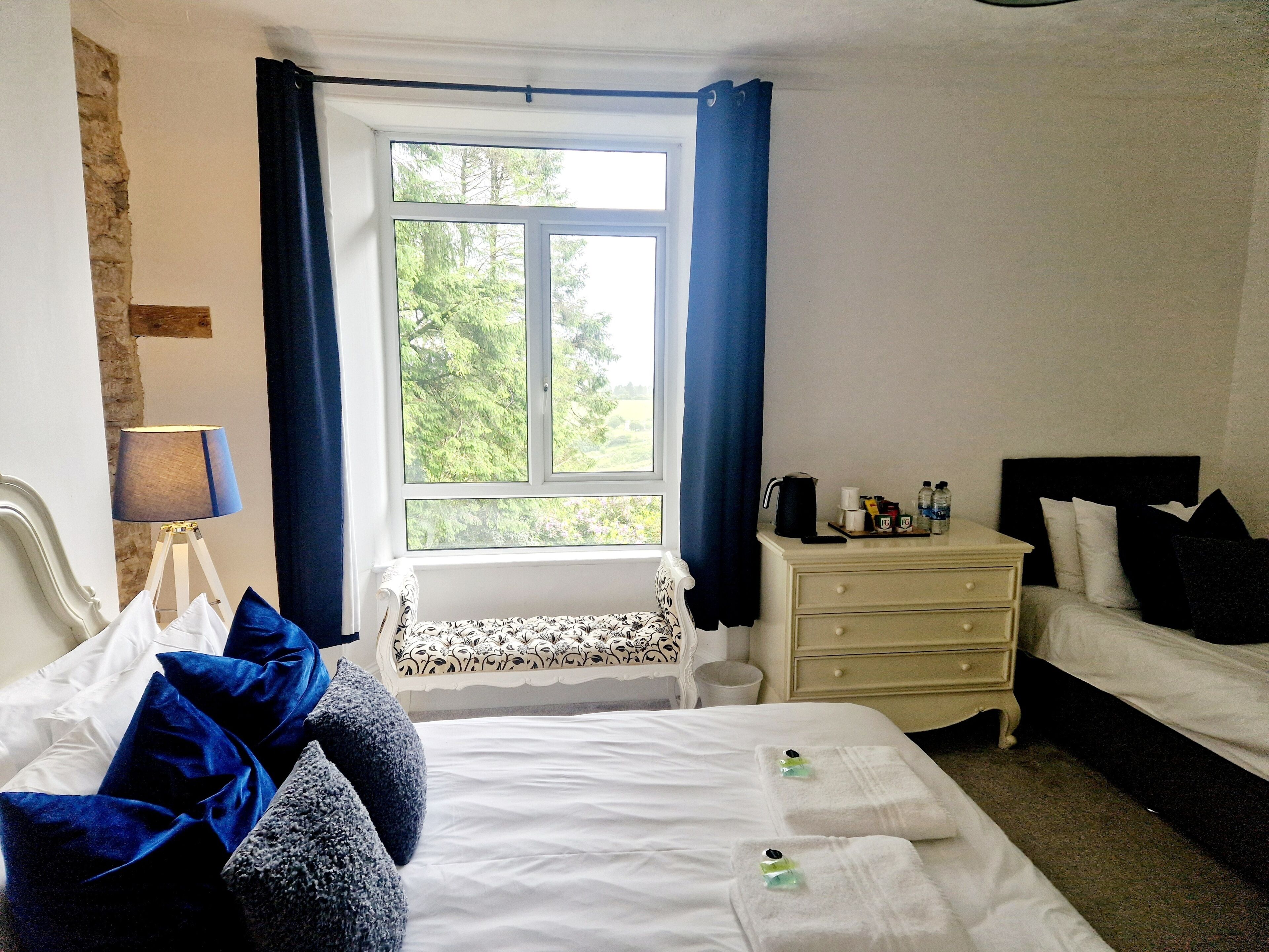 A hotel room with a bed, a bedside table with a lamp, a window with curtains, and a view of greenery outside.