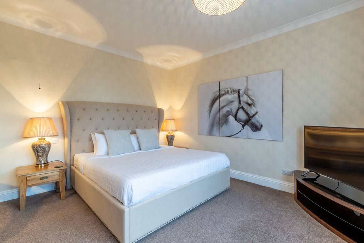 A bedroom with a large bed, two bedside tables with lamps, a mounted TV, and a wall-mounted artwork.