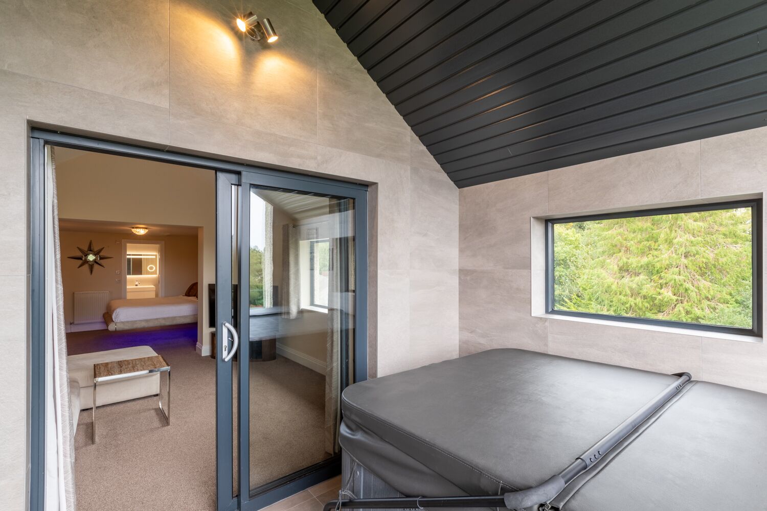 A modern bedroom with a sliding glass door leading to a bathroom, a large window with a view of greenery, and a pull-out bed.