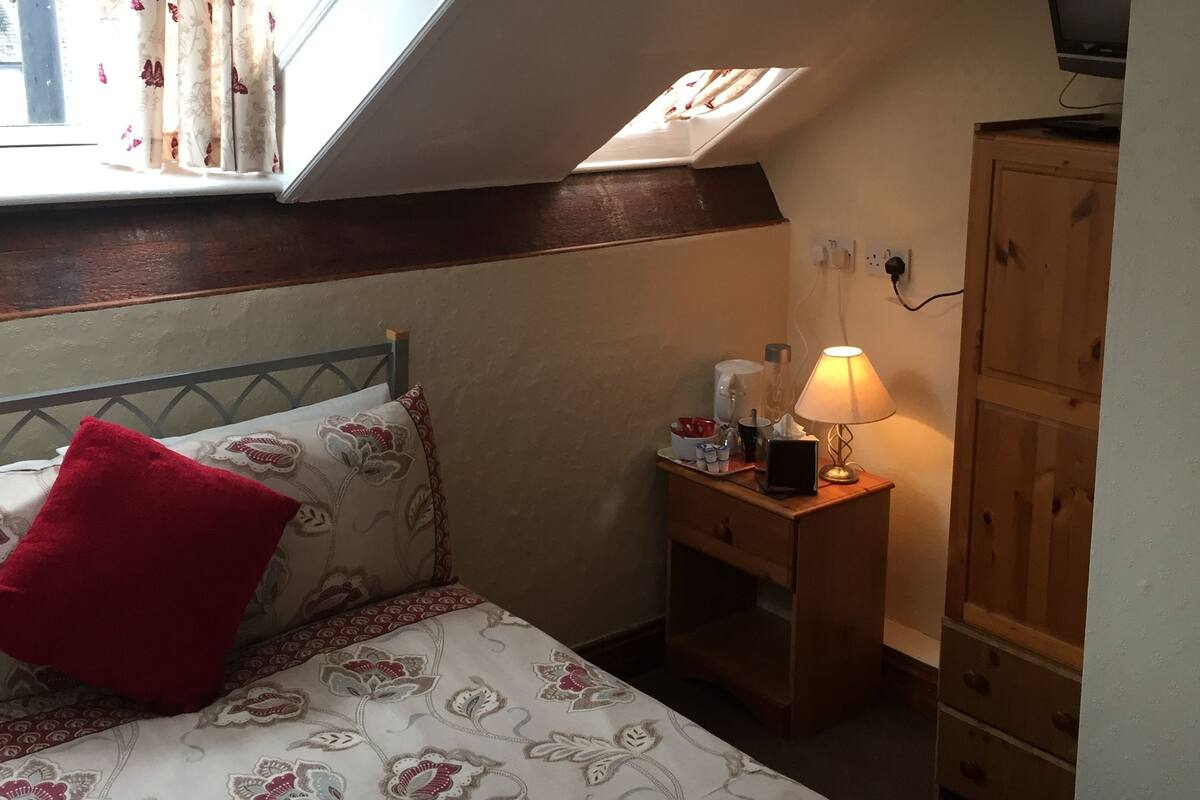 A bedroom with a skylight, a bed with floral bedding, a red pillow, a bedside table with a lamp, and a wardrobe.