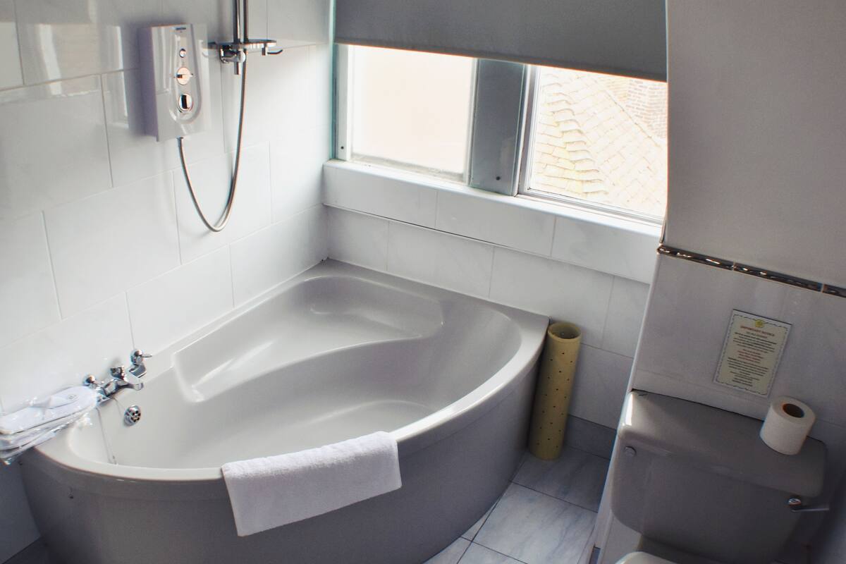 deluxe double room | bathroom | shower, free toiletries, hair dryer, towels