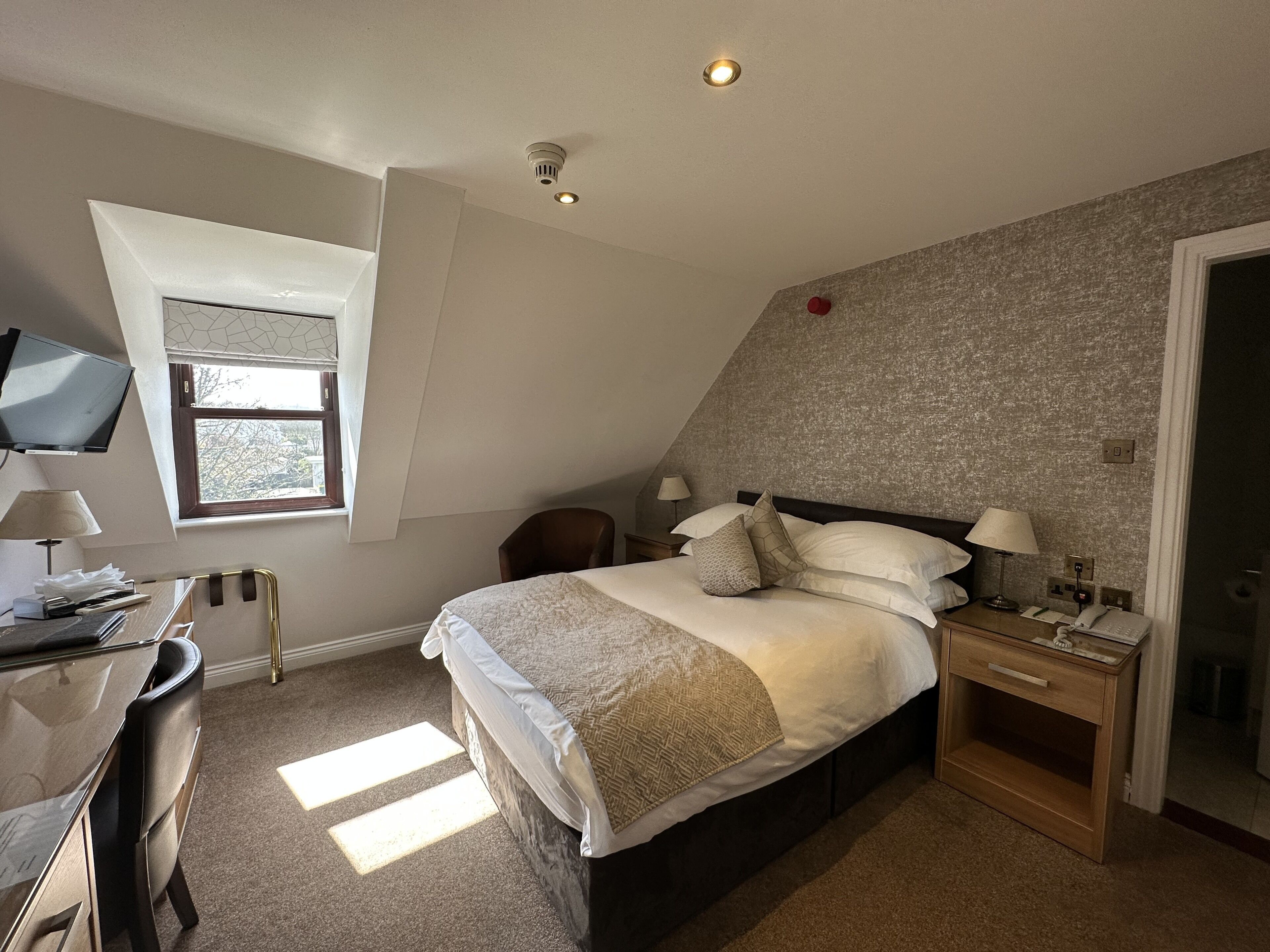 A bedroom with a bed, bedside tables, a desk, a chair, a TV, and a window.