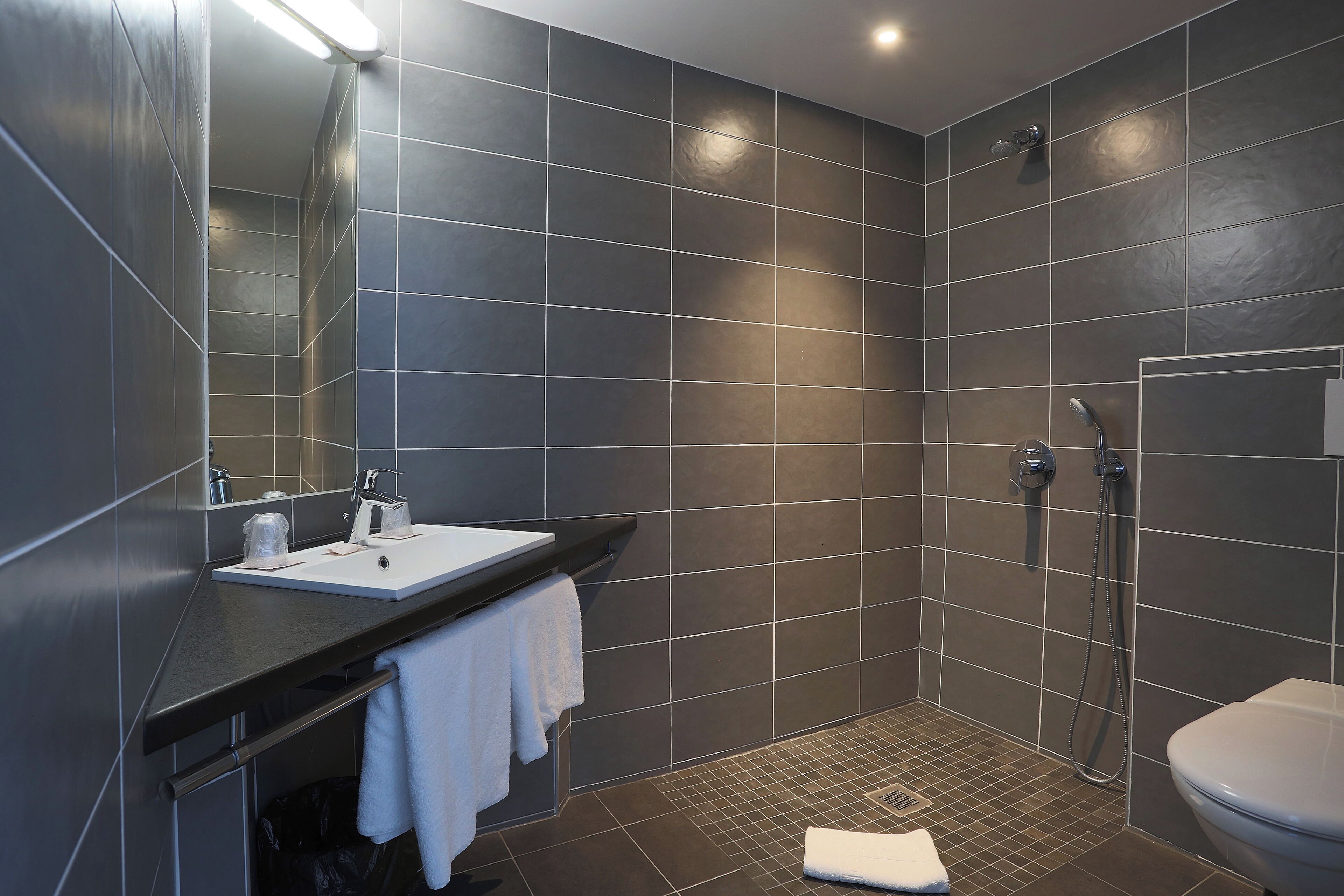 A modern bathroom with dark tiles, a white sink, a mirror, a shower, and a toilet.