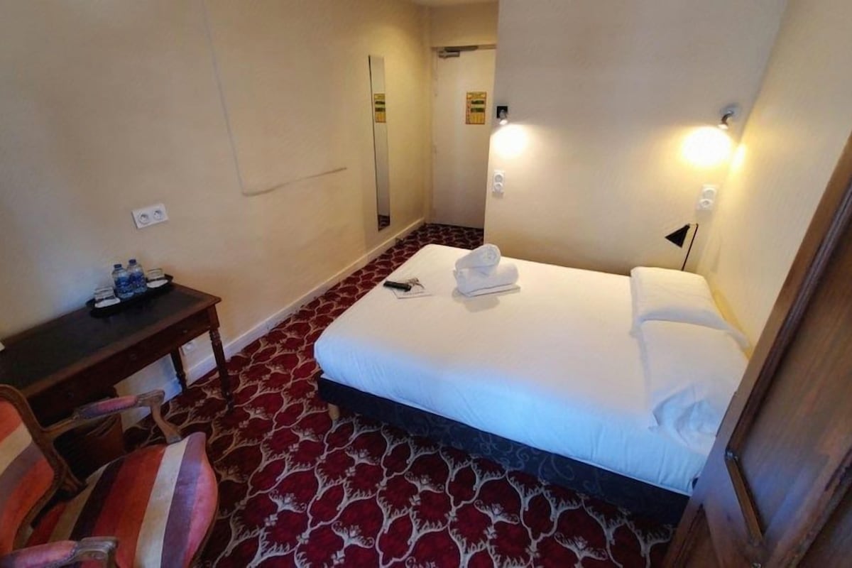 Une chambre d’hôtel avec un lit, un bureau, une chaise et une moquette à motifs.