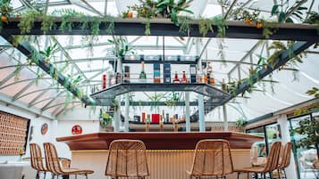 Een bar met rieten stoelen, een toonbank en hangplanten.