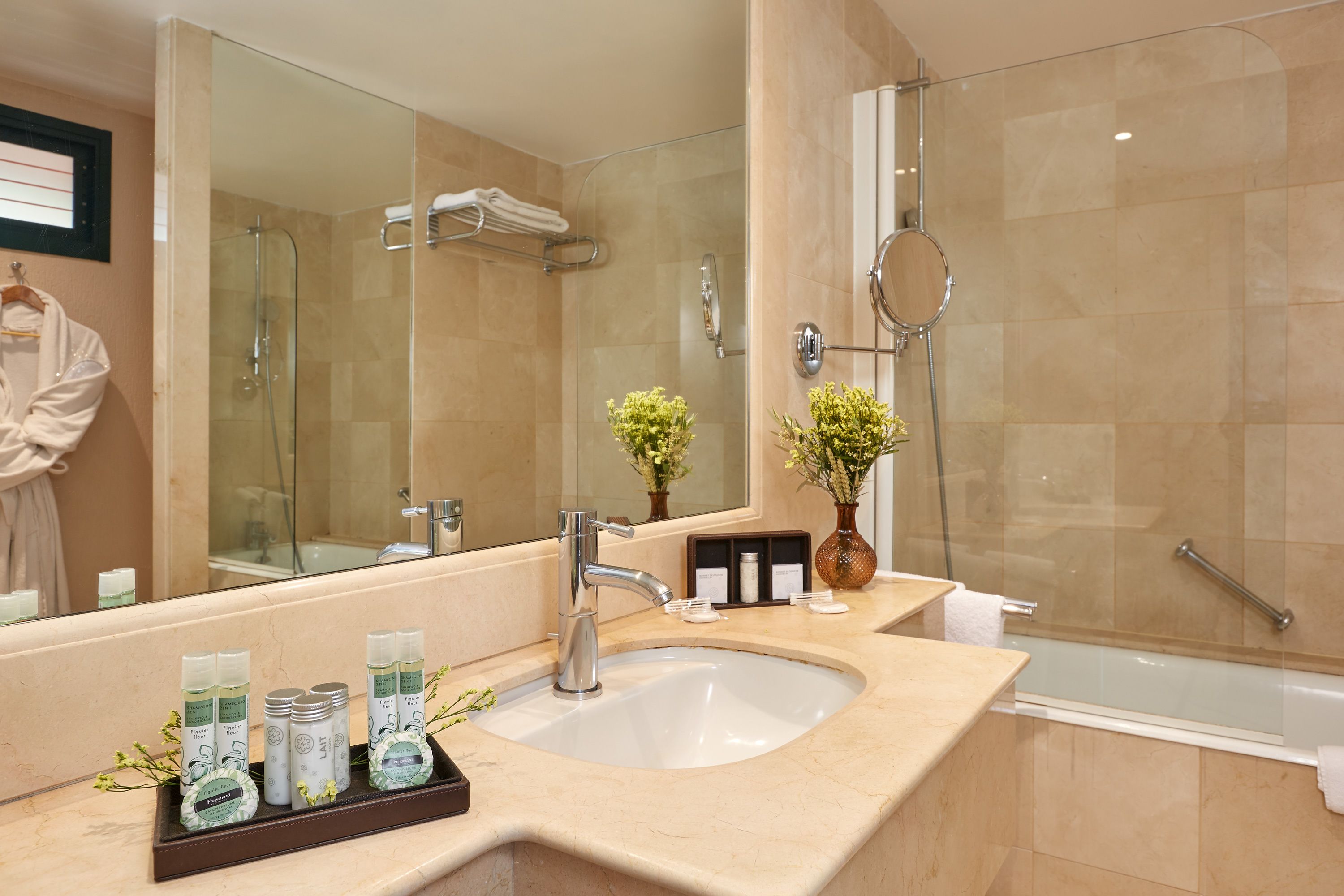 free toiletries, hair dryer, bathrobes, slippers