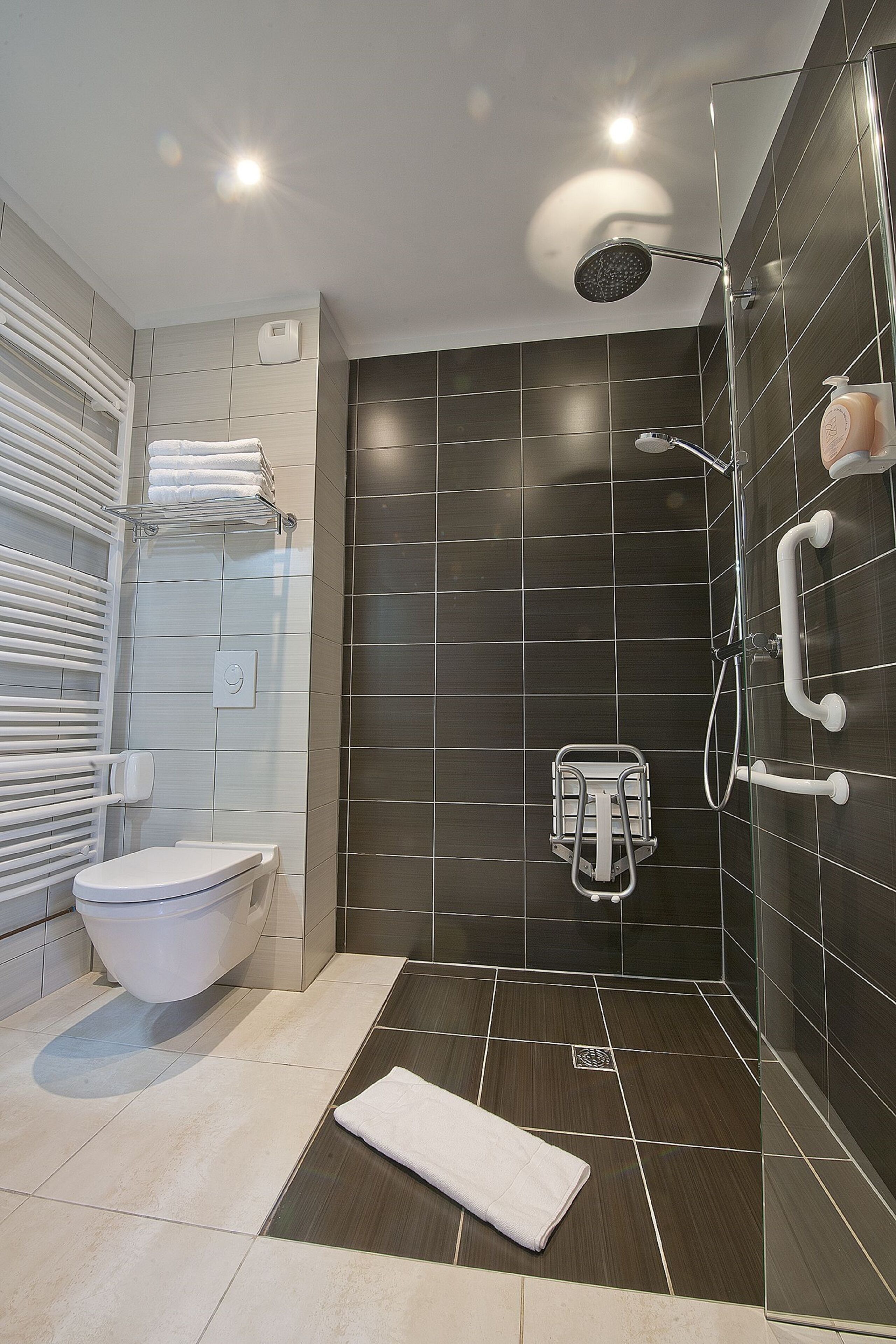 A modern bathroom with a toilet, a shower area, and a handrail.