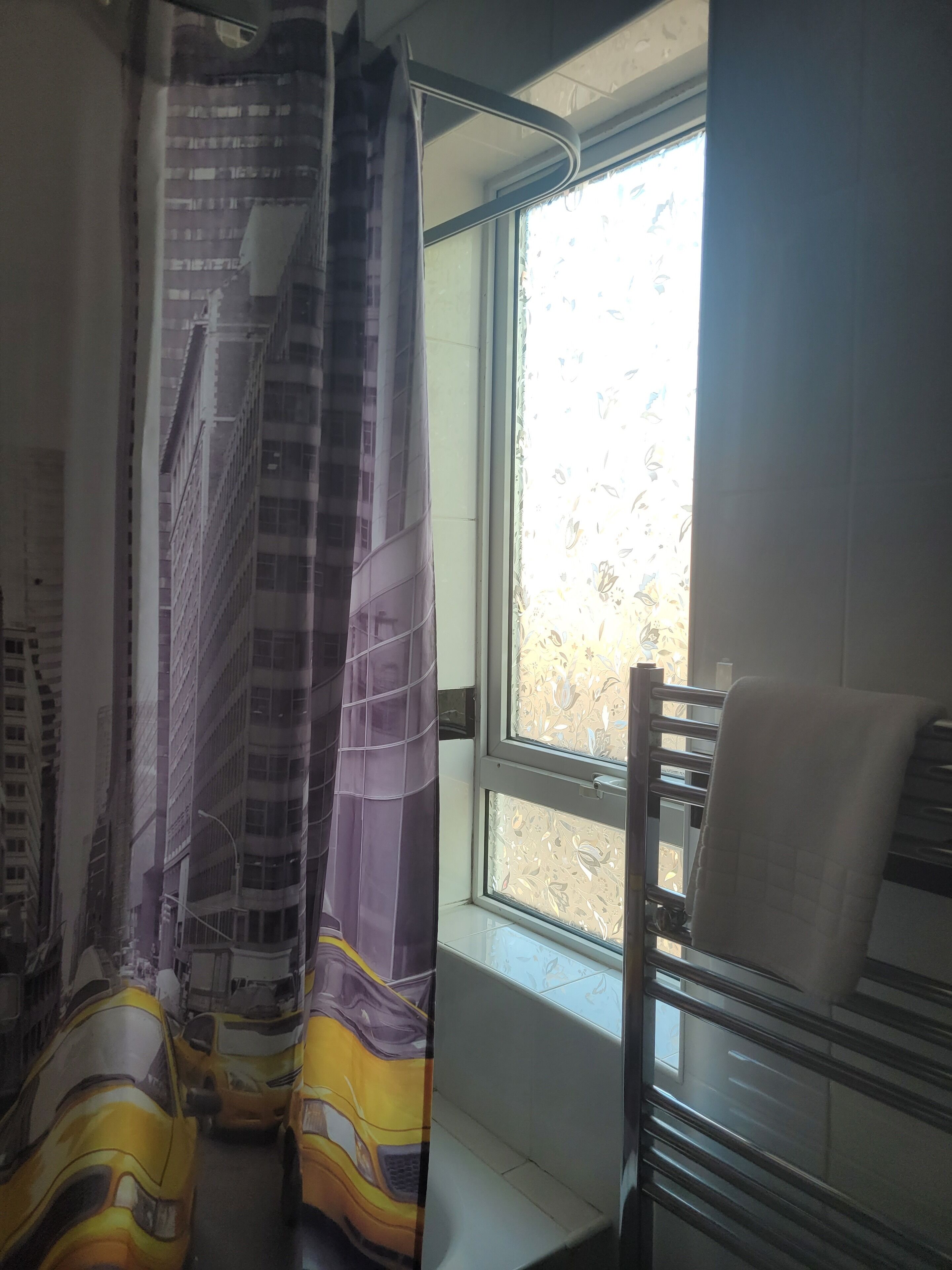 A bathroom with a window, a shower curtain with a cityscape design, and a towel rack.