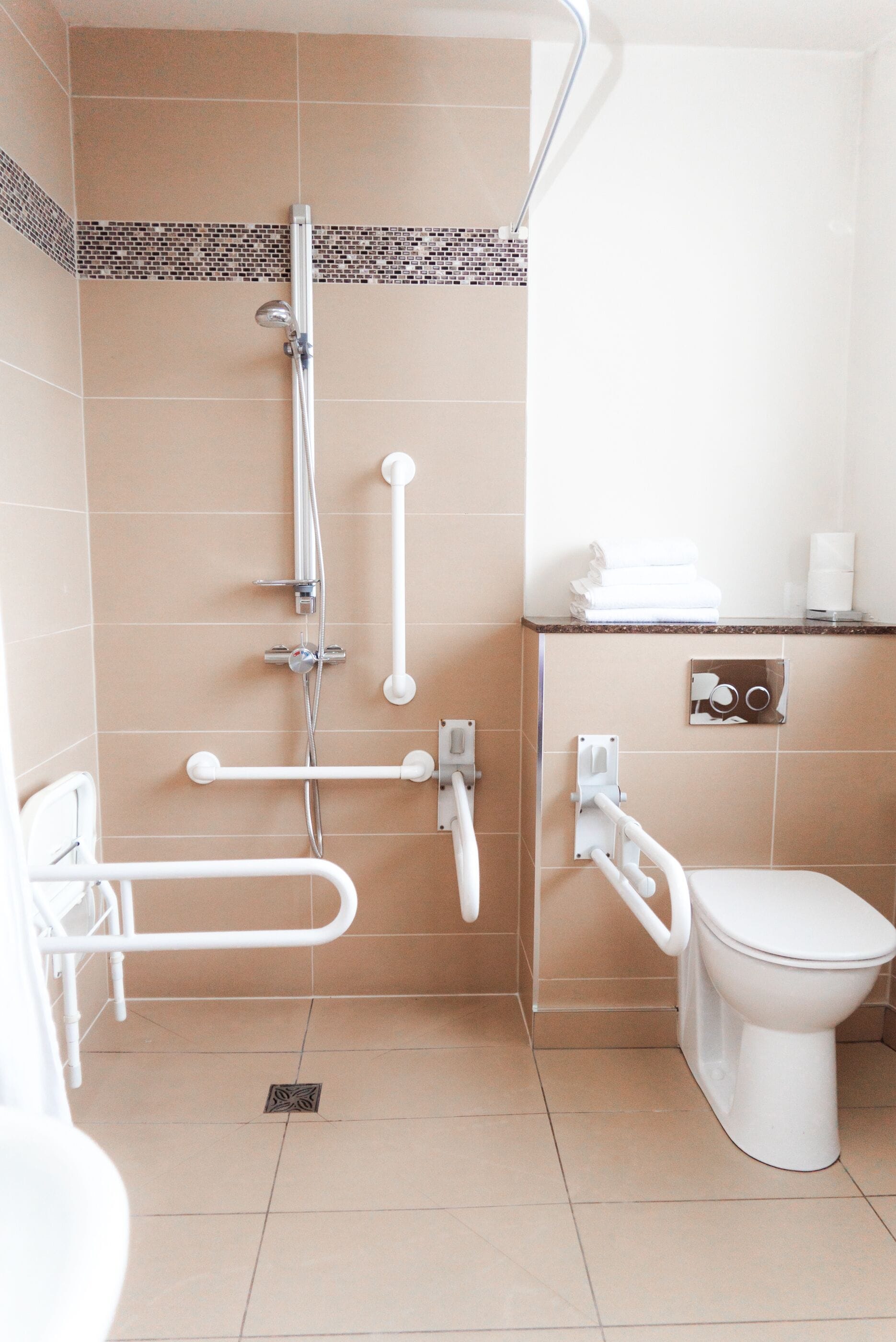 Un baño con ducha, inodoro y barras de apoyo.