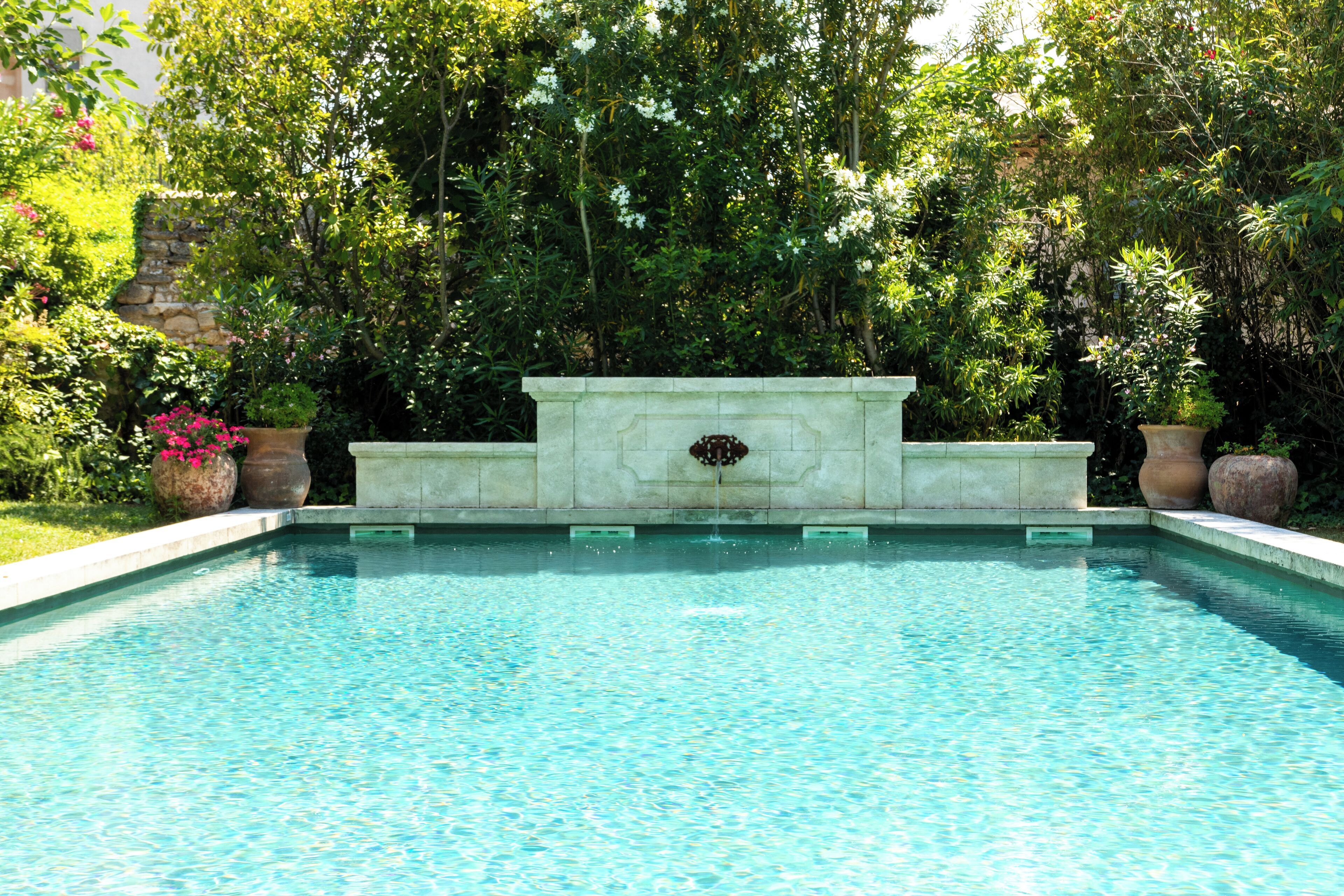 Piscina rectangular con un borde de piedra y una fuente decorativa en el centro, rodeada de abundante follaje y plantas en macetas.