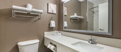 A modern bathroom with a toilet, sink, and large mirror.