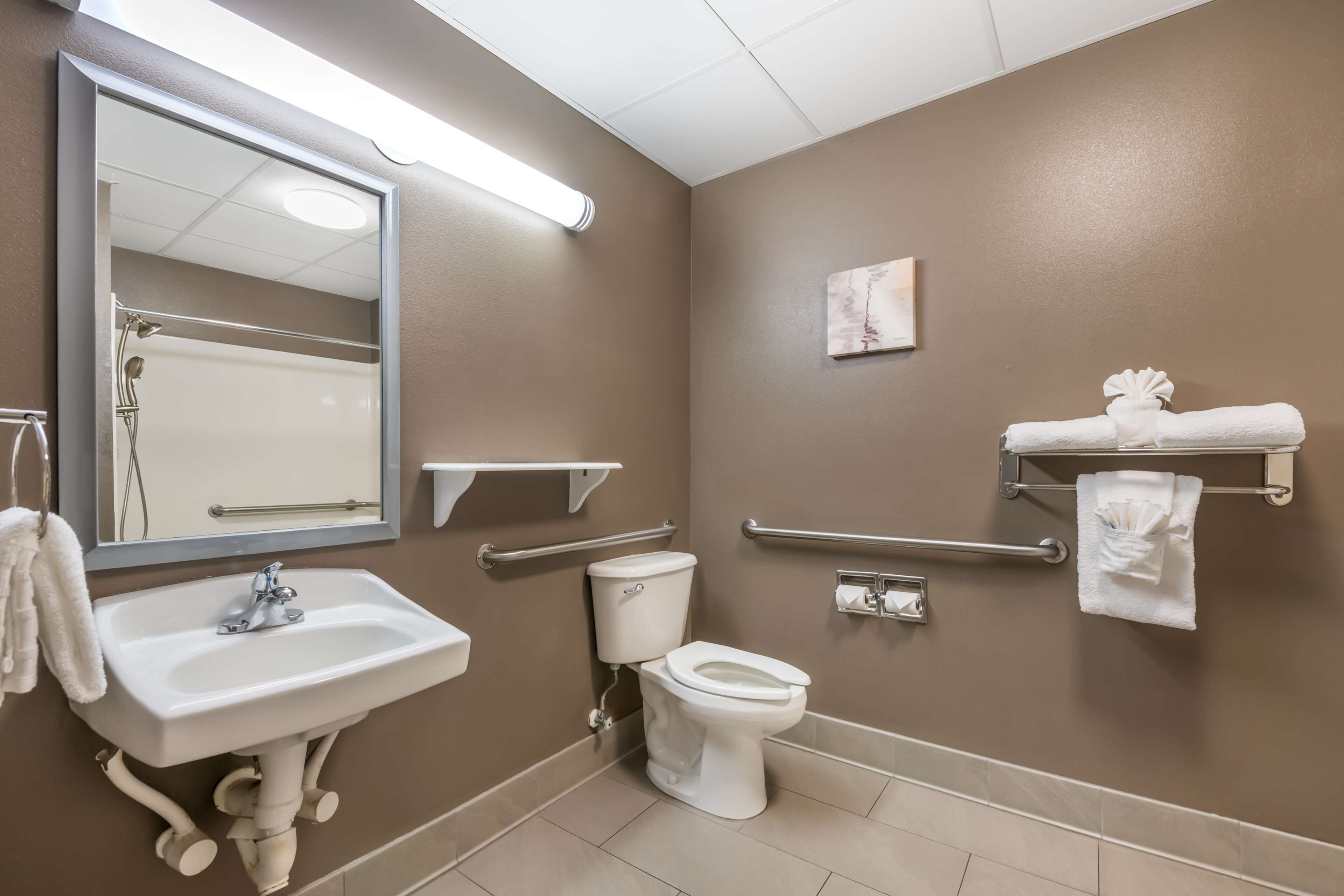 A bathroom with a sink, toilet, and handrails.