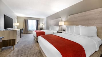 Premium bedding, pillowtop beds, desk, laptop workspace