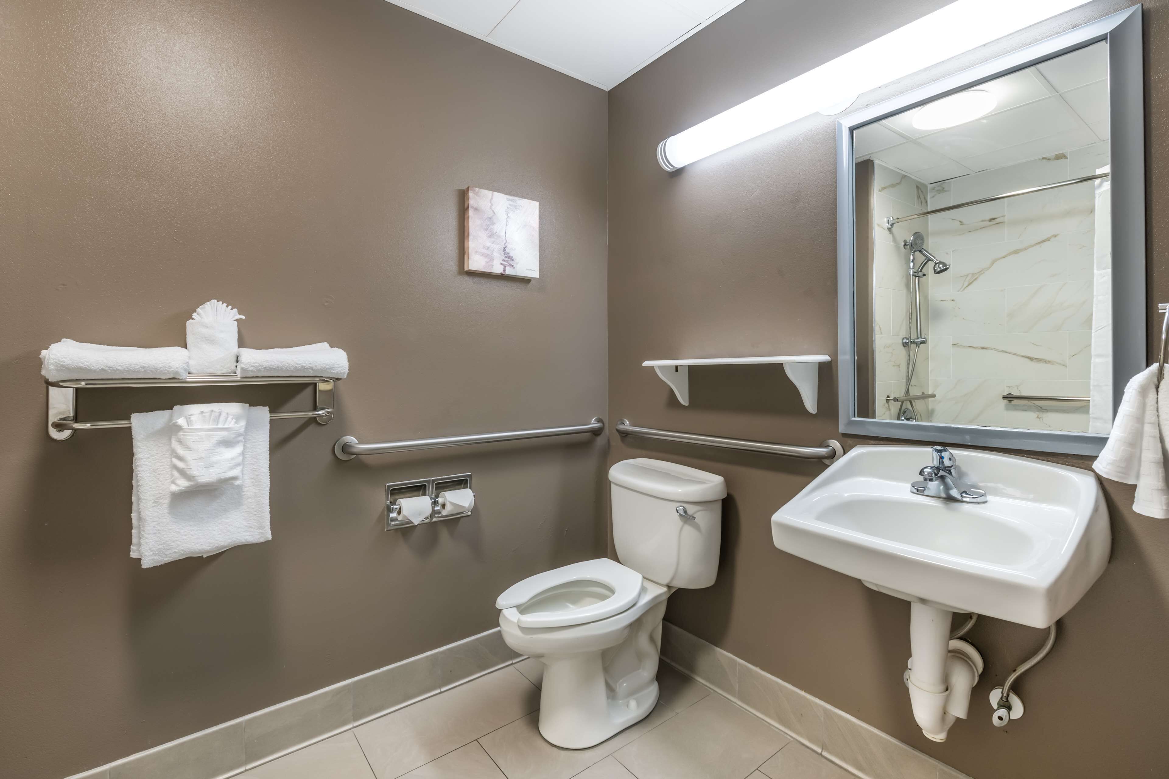 A bathroom with a toilet, sink, and shower. There are handrails and a towel rack.