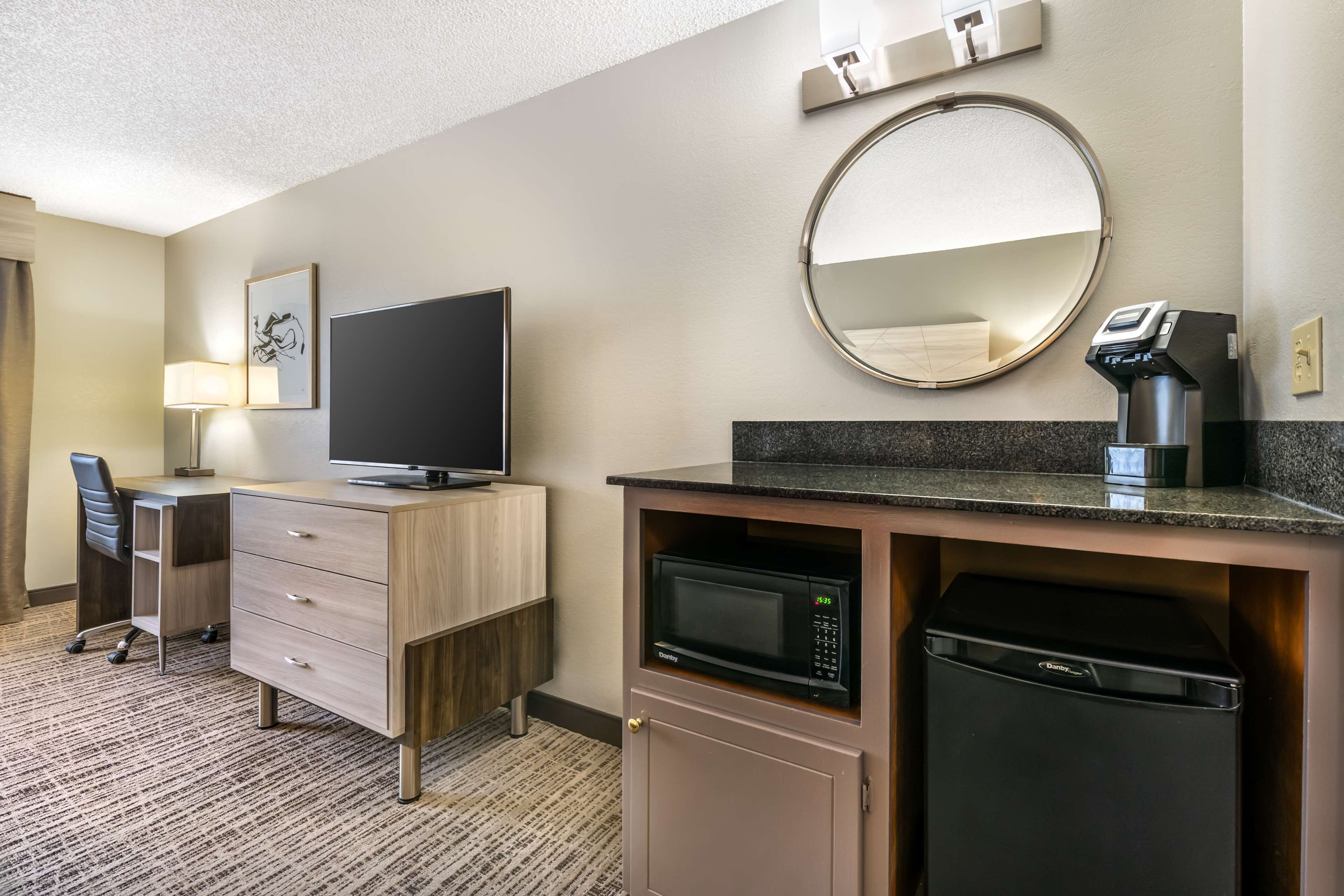 premium bedding, pillow-top beds, desk, laptop workspace