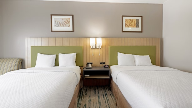 A hotel room with two beds, a nightstand, a lamp, and framed artwork on the wall. - SureStay by Best Western Lewisville Dallas (Lewisville)