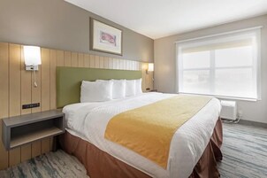 A hotel room with a bed, bedside tables, a window, and a wall-mounted air conditioner.