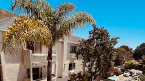 Edificio residencial con piscina, palmeras y mobiliario de exterior.