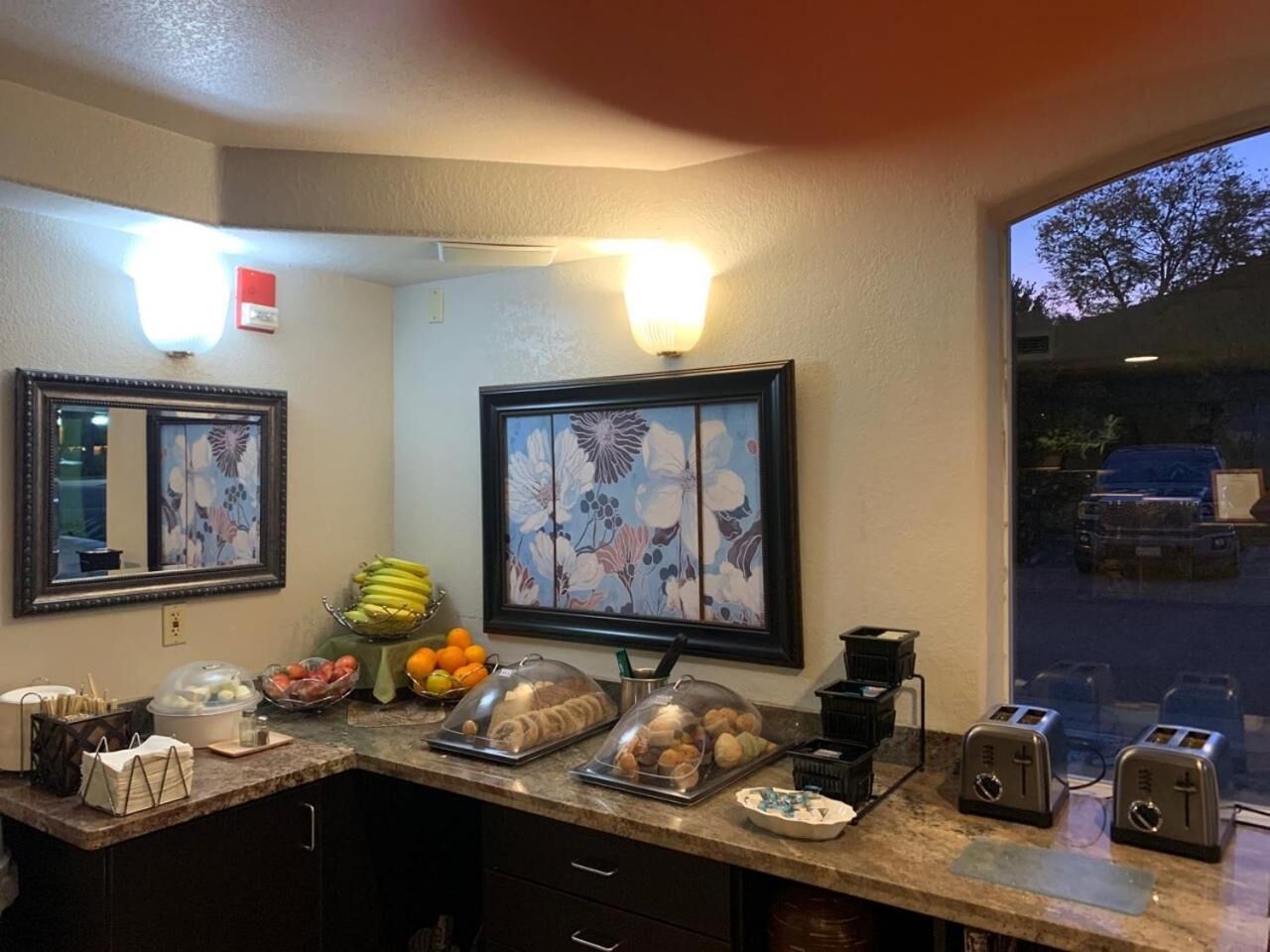 Una encimera de cocina con diversos alimentos, un frutero, un tostador y una ventana con vistas al exterior.