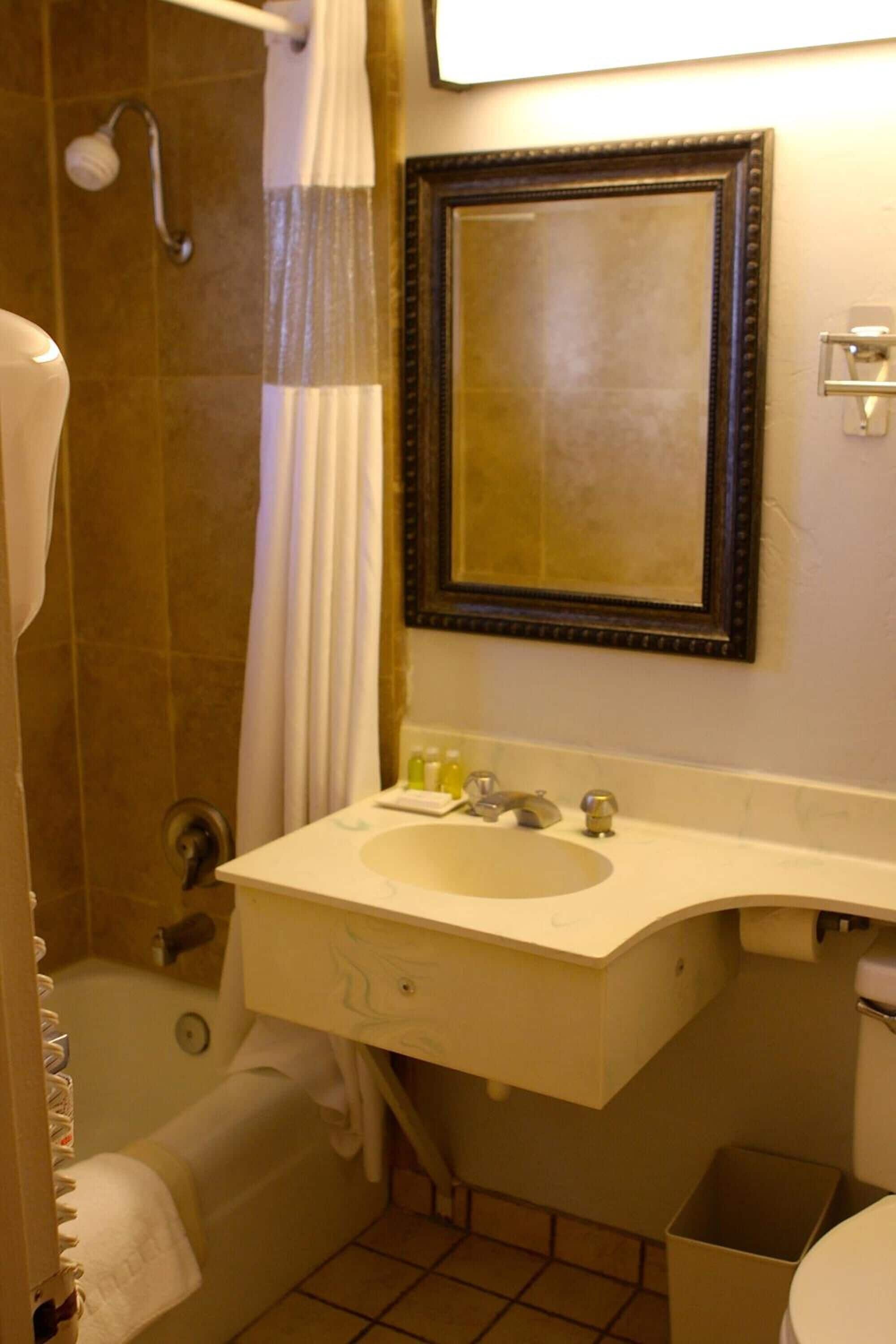 A bathroom with a bathtub, a sink, a mirror, and a shower.